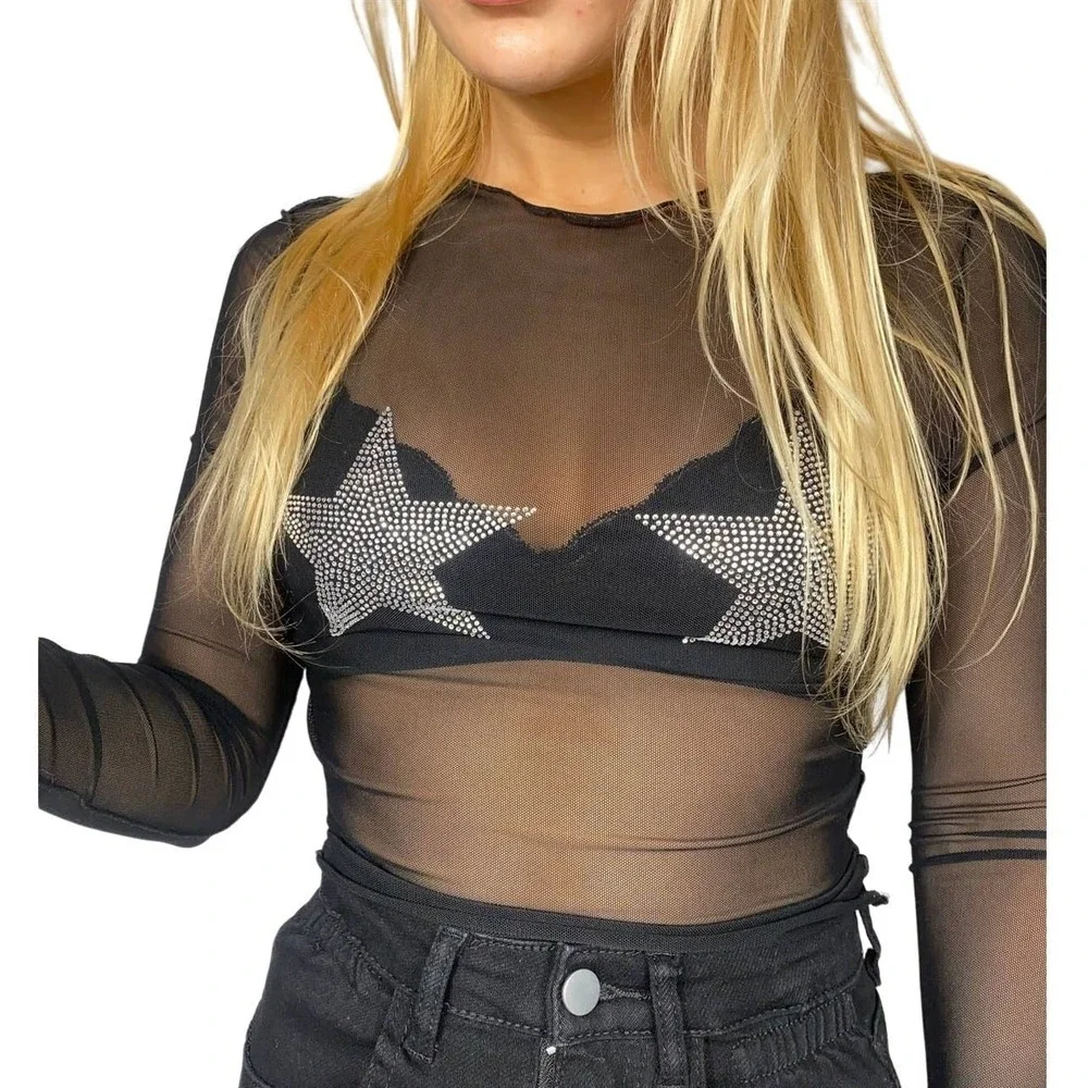 New Small Black Starry Night Sheer Jewel Long Sleeve Mesh Silver Long Sleeve Top